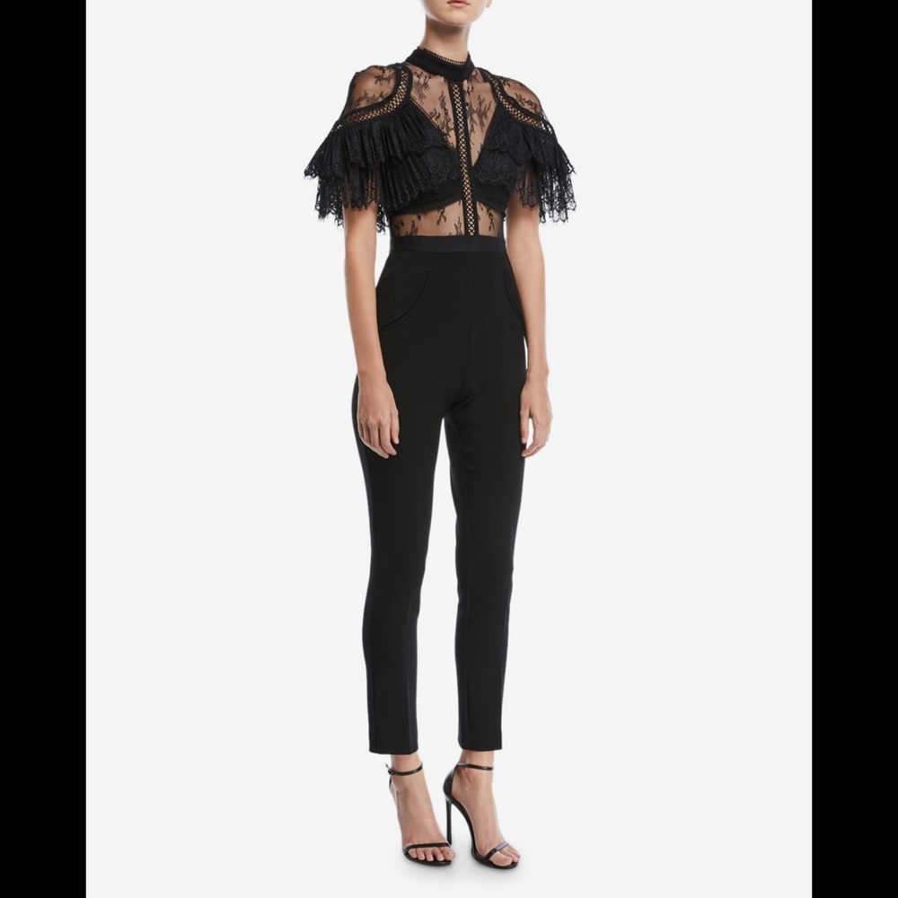 Self Portrait Fine Lace Paneled Slim-Leg Jumpsuit